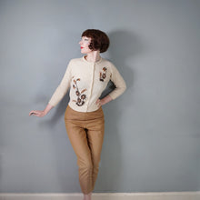 Load image into Gallery viewer, 50s PALE HONEY SOFT WOOL BEADED CARDIGAN WITH BRONZE FLOWERS - S