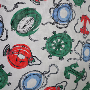 50s WAFFLE COTTON NAUTICAL ANCHOR LANTERN AND COMPASS NOVELTY PRINT DRESS - S