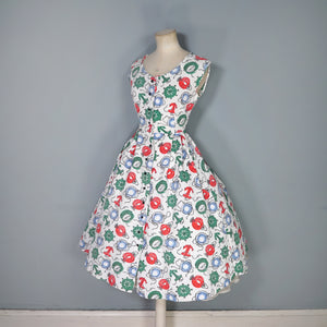 50s WAFFLE COTTON NAUTICAL ANCHOR LANTERN AND COMPASS NOVELTY PRINT DRESS - S