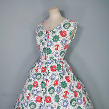 Load image into Gallery viewer, 50s WAFFLE COTTON NAUTICAL ANCHOR LANTERN AND COMPASS NOVELTY PRINT DRESS - S