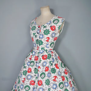 50s WAFFLE COTTON NAUTICAL ANCHOR LANTERN AND COMPASS NOVELTY PRINT DRESS - S