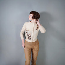 Load image into Gallery viewer, 50s PALE HONEY SOFT WOOL BEADED CARDIGAN WITH BRONZE FLOWERS - S