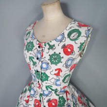 Load image into Gallery viewer, 50s WAFFLE COTTON NAUTICAL ANCHOR LANTERN AND COMPASS NOVELTY PRINT DRESS - S