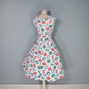 50s WAFFLE COTTON NAUTICAL ANCHOR LANTERN AND COMPASS NOVELTY PRINT DRESS - S
