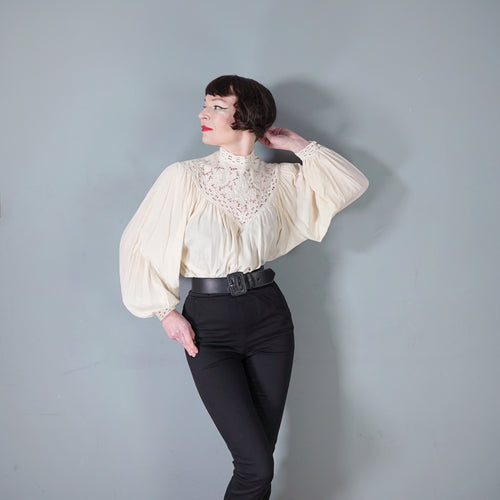 80s VERA MONT EDWARDIAN STYLE PURE SILK CREAM LACE POET BLOUSE - 40 / free size