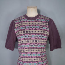 Load image into Gallery viewer, HANDKNITTED FAIRISLE SHORT SLEEVE MAUVE ACRYLIC JUMPER - M-L