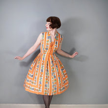 Load image into Gallery viewer, 50s "CONTINENTALS" ORANGE STRIPE AND FRUIT PRINT FULL SKIRT COTTON DRESS - S