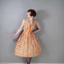 Load image into Gallery viewer, 50s "CONTINENTALS" ORANGE STRIPE AND FRUIT PRINT FULL SKIRT COTTON DRESS - S