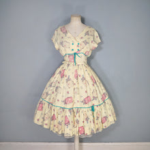 Load image into Gallery viewer, 50s 60s YELLOW NOVELTY SUITCASE PRINT TRAVEL THEME DRESS - S