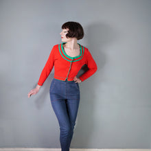 Load image into Gallery viewer, 70s BRIGHT RED AND GREEN CROPPED AUSTRIAN FOLK CARDIGAN - S