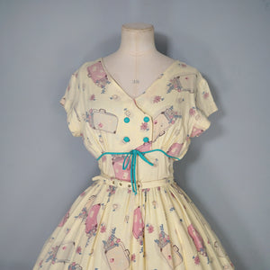 50s 60s YELLOW NOVELTY SUITCASE PRINT TRAVEL THEME DRESS - S