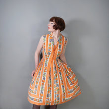 Load image into Gallery viewer, 50s "CONTINENTALS" ORANGE STRIPE AND FRUIT PRINT FULL SKIRT COTTON DRESS - S