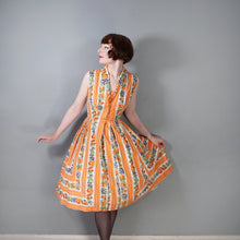Load image into Gallery viewer, 50s "CONTINENTALS" ORANGE STRIPE AND FRUIT PRINT FULL SKIRT COTTON DRESS - S