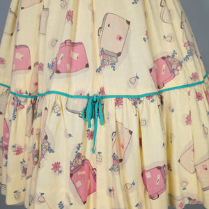 50s 60s YELLOW NOVELTY SUITCASE PRINT TRAVEL THEME DRESS - S