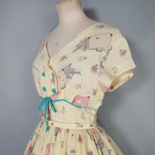 Load image into Gallery viewer, 50s 60s YELLOW NOVELTY SUITCASE PRINT TRAVEL THEME DRESS - S