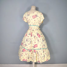 Load image into Gallery viewer, 50s 60s YELLOW NOVELTY SUITCASE PRINT TRAVEL THEME DRESS - S