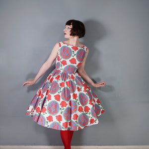 50s "CAMBRIAN" RED ROSE AND DRAGON CREST COTTON DAY DRESS - S
