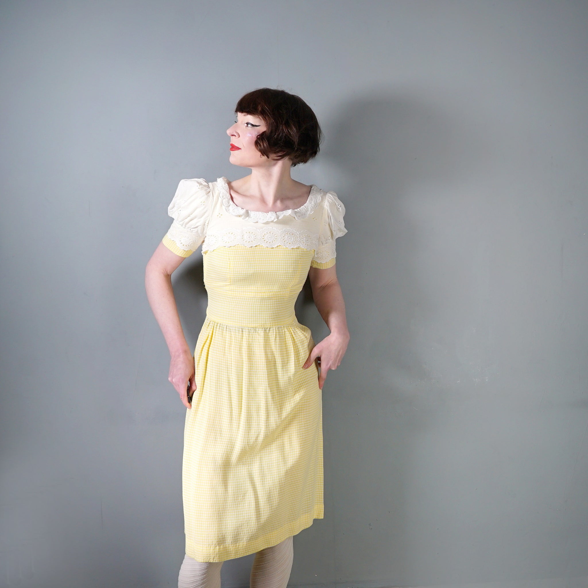60s 70s QUAD YELLOW GINGHAM DRESS WITH AMAZING PUFF SLEEVES