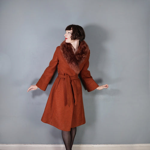 70s St MICHAEL MOHAIR AND WOOL RUST COLOURED WRAP COAT WITH SHEEPSKIN COLLAR - S