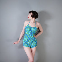 Load image into Gallery viewer, 50s 60s BLUE AND GREEN CHECK 2 PIECE SHORTS AND HALTER SUN TOP - S