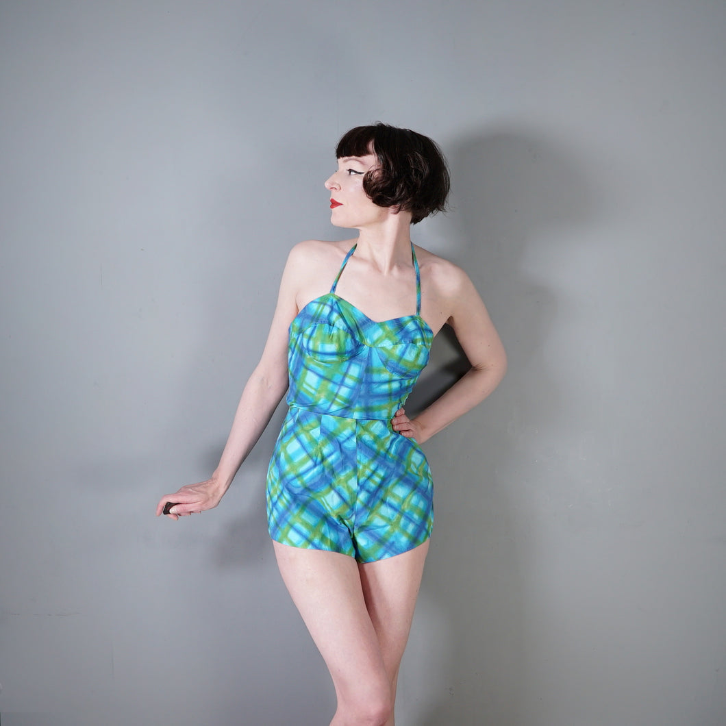 50s 60s BLUE AND GREEN CHECK 2 PIECE SHORTS AND HALTER SUN TOP - S