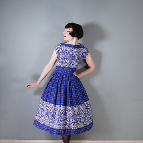 50s BLUE WHITE SOFT RAYON PRINTED DAY DRESS - S