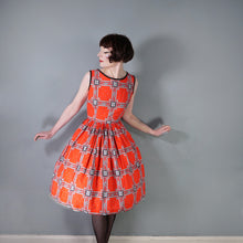 Load image into Gallery viewer, 50s CRISP RED SCARF PRINT FULL SKIRTED COTTON DAY DRESS - S