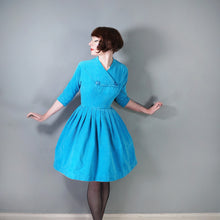 Load image into Gallery viewer, 50s 60s PEGGY PAGE TURQUOISE CORDUROY FULL SKIRTED DRESS - S