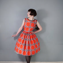 Load image into Gallery viewer, 50s CRISP RED SCARF PRINT FULL SKIRTED COTTON DAY DRESS - S