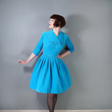 Load image into Gallery viewer, 50s 60s PEGGY PAGE TURQUOISE CORDUROY FULL SKIRTED DRESS - S