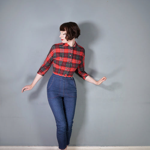 50s COLLEGIAN SPORTSWEAR RED GREY PLAID CHECK CROPPED WOOL JACKET - XS