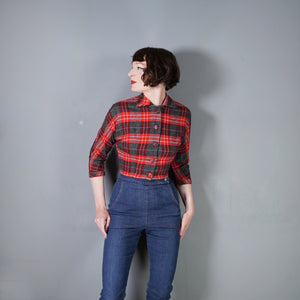 50s COLLEGIAN SPORTSWEAR RED GREY PLAID CHECK CROPPED WOOL JACKET - XS