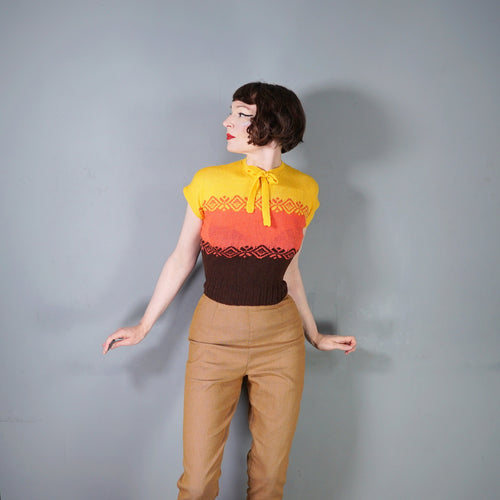 40s style HANDKNITTED COLOURBLOCK JUMPER WITH BOW NECK - S-M