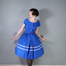 Load image into Gallery viewer, 50s 60s "LAVINIA" BOLD BLUE SHIRTWAISTER DAY DRESS WITH RIBBON TRIM - S