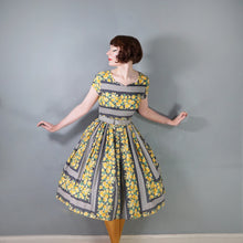 Load image into Gallery viewer, 60s HEAVY COTTON BLEND YELLOW FLORAL AND GREY STRIPE DAY DRESS - S