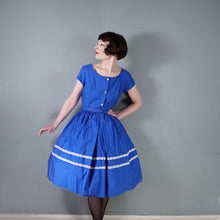 Load image into Gallery viewer, 50s 60s "LAVINIA" BOLD BLUE SHIRTWAISTER DAY DRESS WITH RIBBON TRIM - S
