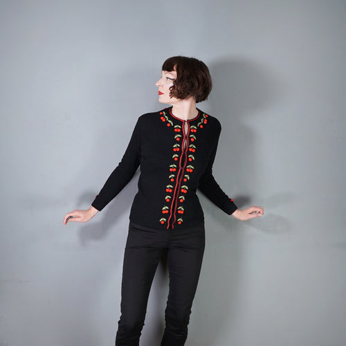 60s BLACK AND RED CHERRY EMBROIDERED CARDIGAN - M-L