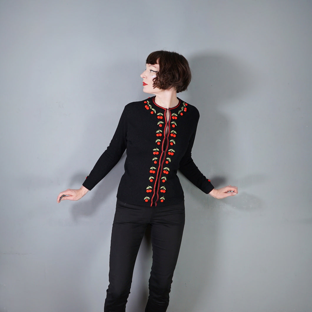 60s BLACK AND RED CHERRY EMBROIDERED CARDIGAN - M-L