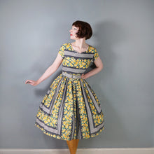 Load image into Gallery viewer, 60s HEAVY COTTON BLEND YELLOW FLORAL AND GREY STRIPE DAY DRESS - S