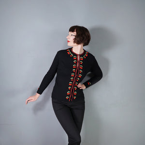 60s BLACK AND RED CHERRY EMBROIDERED CARDIGAN - M-L