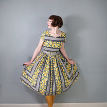 Load image into Gallery viewer, 60s HEAVY COTTON BLEND YELLOW FLORAL AND GREY STRIPE DAY DRESS - S