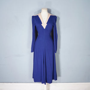 70s DEEP BLUE ART DECO STYLE PONTE KNIT JERSEY DRESS - XS-S