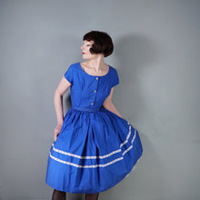 Load image into Gallery viewer, 50s 60s "LAVINIA" BOLD BLUE SHIRTWAISTER DAY DRESS WITH RIBBON TRIM - S
