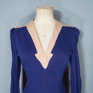 70s DEEP BLUE ART DECO STYLE PONTE KNIT JERSEY DRESS - XS-S