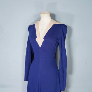 70s DEEP BLUE ART DECO STYLE PONTE KNIT JERSEY DRESS - XS-S