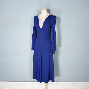 70s DEEP BLUE ART DECO STYLE PONTE KNIT JERSEY DRESS - XS-S