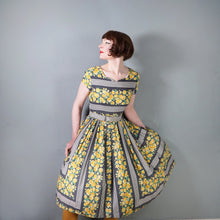 Load image into Gallery viewer, 60s HEAVY COTTON BLEND YELLOW FLORAL AND GREY STRIPE DAY DRESS - S