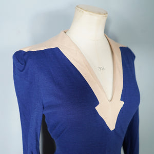 70s DEEP BLUE ART DECO STYLE PONTE KNIT JERSEY DRESS - XS-S