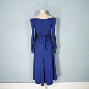 70s DEEP BLUE ART DECO STYLE PONTE KNIT JERSEY DRESS - XS-S