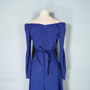 70s DEEP BLUE ART DECO STYLE PONTE KNIT JERSEY DRESS - XS-S